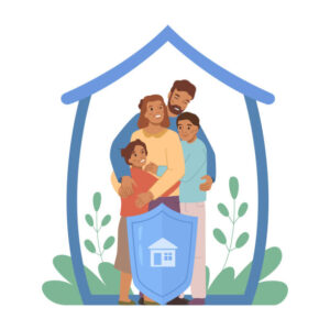 Illustration d'une fammile souriante, protégée par la forme d'une maison symbolique.