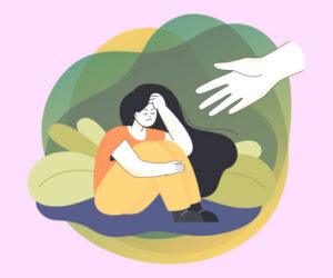 illustration d'une femme seule mélancoloque, avec une main géante qui lui tend la main